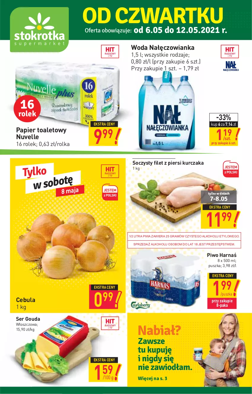 Gazetka promocyjna Stokrotka - Supermarket - ważna 06.05 do 12.05.2021 - strona 1 - produkty: Cebula, Filet z piersi kurczaka, Gin, Gouda, Gra, Harnaś, Kurczak, Nałęczowianka, Papier, Papier toaletowy, Piwa, Piwo, Ser, Woda