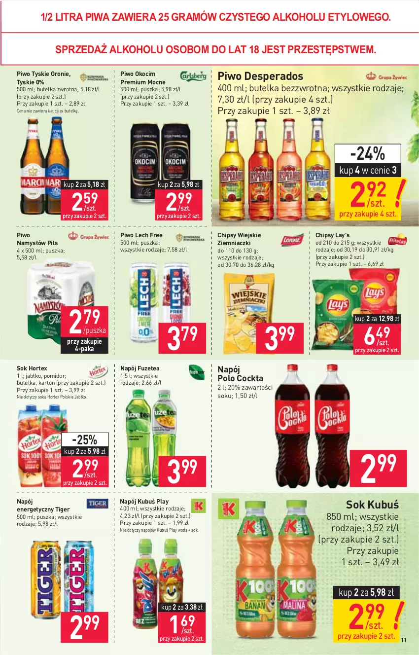 Gazetka promocyjna Stokrotka - Supermarket - ważna 06.05 do 12.05.2021 - strona 11 - produkty: Chipsy, Desperados, Gra, Hortex, Koc, Kubuś, Lay’s, Namysłów, Napój, Napój energetyczny, Okocim, Piwa, Piwo, Sok, Tiger, Tyskie, Woda