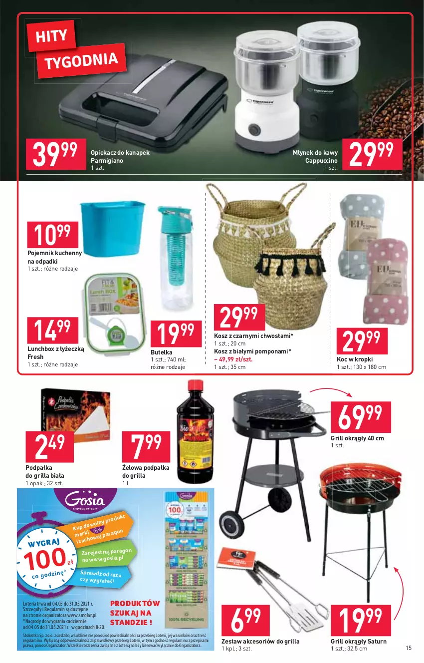 Gazetka promocyjna Stokrotka - Supermarket - ważna 06.05 do 12.05.2021 - strona 15 - produkty: Cappuccino, Gra, Grill, Koc, Kosz, Młynek, Młynek do kawy, Mola, Opiekacz do kanapek, Pojemnik