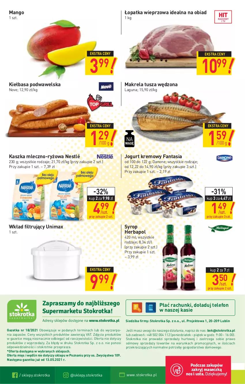 Gazetka promocyjna Stokrotka - Supermarket - ważna 06.05 do 12.05.2021 - strona 16 - produkty: Danone, Fa, Fanta, Herbapol, Jogurt, Kiełbasa, Kiełbasa podwawelska, Mango, Nestlé, O nas, Ryż, Syrop, Telefon, Tusz, Wagi, Wawel, Wkład filtrujący