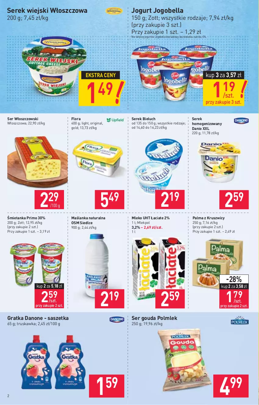 Gazetka promocyjna Stokrotka - Supermarket - ważna 06.05 do 12.05.2021 - strona 2 - produkty: Bell, Bella, Bieluch, Danio, Danone, Flora, Gin, Gouda, Gra, Jogobella, Jogurt, Maślanka, Mleko, Palma, POLMLEK, Ser, Serek, Serek homogenizowany, Serek wiejski, Włoszczowski, Zott