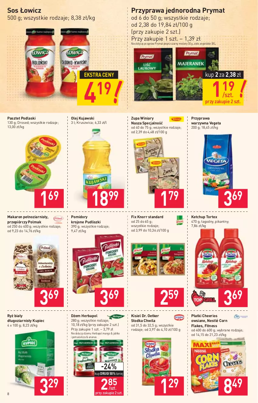 Gazetka promocyjna Stokrotka - Supermarket - ważna 06.05 do 12.05.2021 - strona 8 - produkty: Ananas, Cheerios, Corn flakes, Dr. Oetker, Dżem, Herbapol, Ketchup, Kisiel, Knorr, Kujawski, Kupiec, Makaron, Mango, Nestlé, Olej, Olma, Pasztet, Piec, Pieprz, Podlaski, Pomidory, Pomidory krojone, Prymat, Pudliszki, Ryż, Ryż biały, Słodka Chwila, Sos, Vegeta, Winiary, Ziele angielskie, Zupa