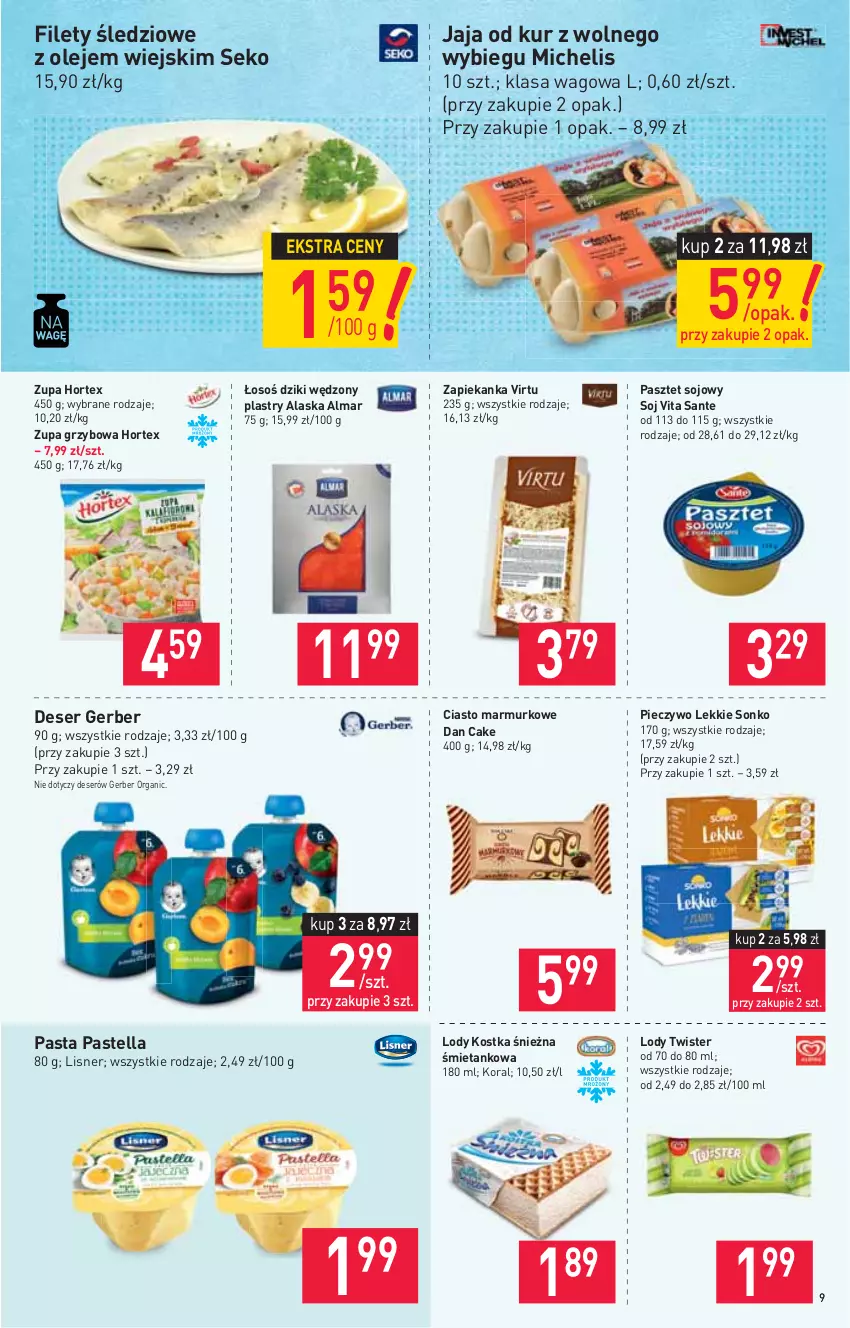 Gazetka promocyjna Stokrotka - Supermarket - ważna 06.05 do 12.05.2021 - strona 9 - produkty: Dan Cake, Deser, Gerber, Hortex, Jaja, Lisner, Lody, Olej, Pastella, Pasztet, Piec, Pieczywo, Sante, SEKO, Ser, Sonko, Virtu, Zapiekanka, Zupa