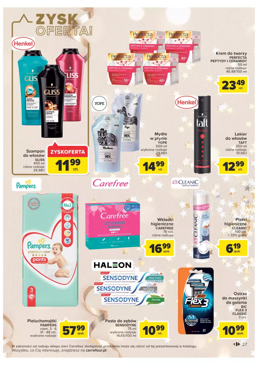 Gazetka promocyjna Carrefour - Gazetka Carrefour - ważna 27.12 do 31.12.2022 - strona 27 - produkty: BIC, Carefree, Cleanic, Krem do twarzy, Lakier, Lakier do włosów, Majtki, Mydło, Pampers, Perfecta, Pieluchomajtki, Sensodyne, Szampon, Taft, Wkładki, Yope