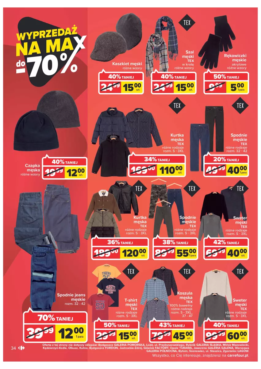 Gazetka promocyjna Carrefour - Gazetka Carrefour - ważna 27.12 do 31.12.2022 - strona 34 - produkty: Czapka, Fa, Kaszkiet, Kurtka, Sos, Spodnie, Spodnie jeans, Sweter