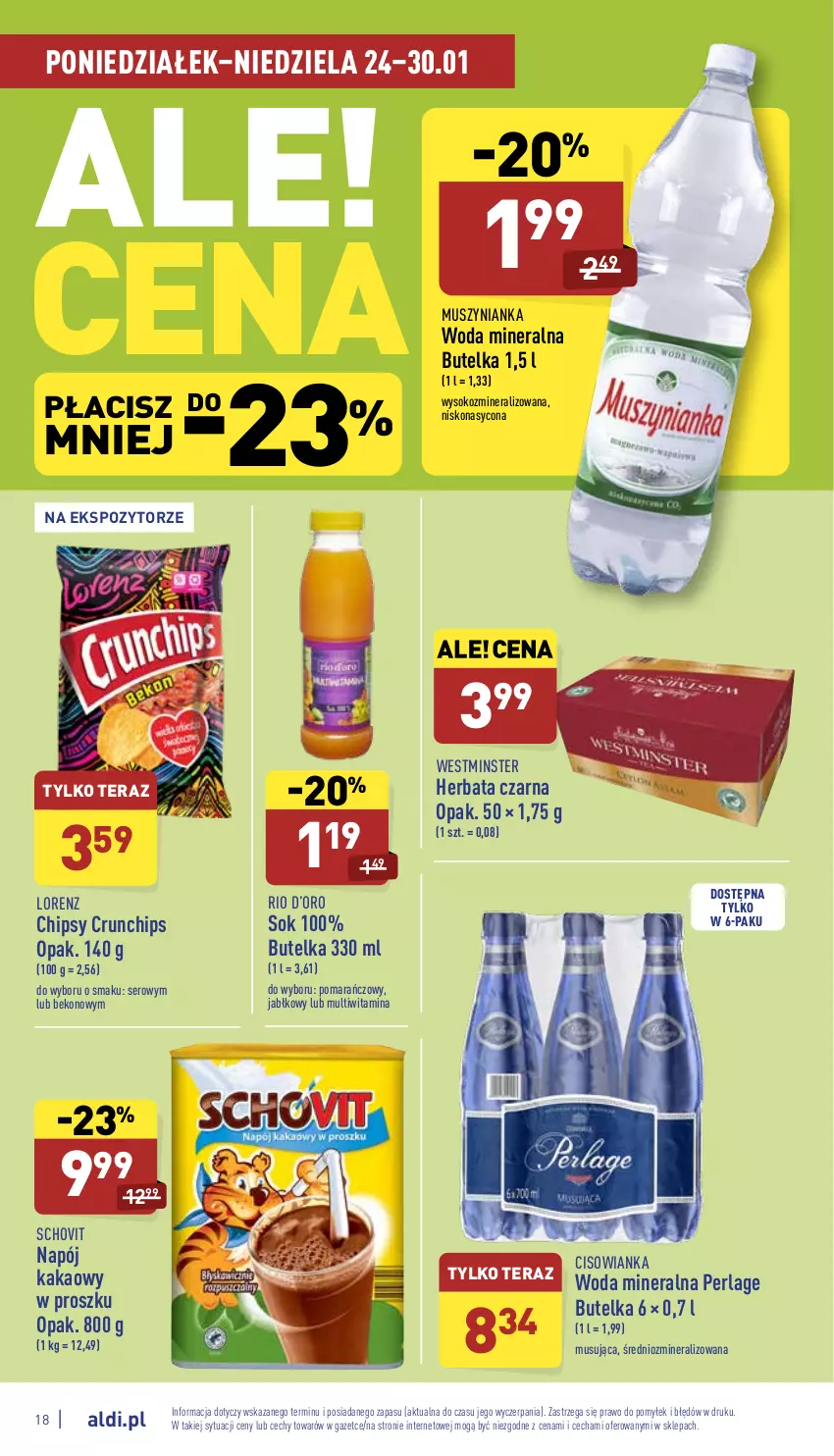 Gazetka promocyjna Aldi - Pełny katalog - ważna 24.01 do 30.01.2022 - strona 18 - produkty: Beko, Chipsy, Cisowianka, Crunchips, Herbata, Herbata czarna, Kakao, Lorenz, Mus, Muszynianka, Napój, Ser, Sok, Tera, Woda, Woda mineralna