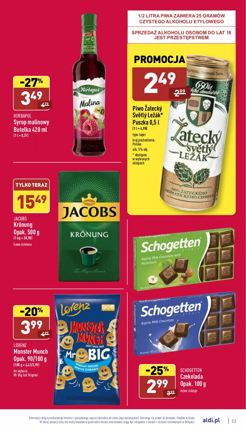 Gazetka promocyjna Aldi - Pełny katalog - ważna 24.01 do 30.01.2022 - strona 23 - produkty: Czekolada, Gin, Gra, Herbapol, Jacobs, Jacobs Krönung, Kawa, Kawa mielona, Lorenz, Monster Munch, Piwa, Piwo, Schogetten, Syrop, Tera