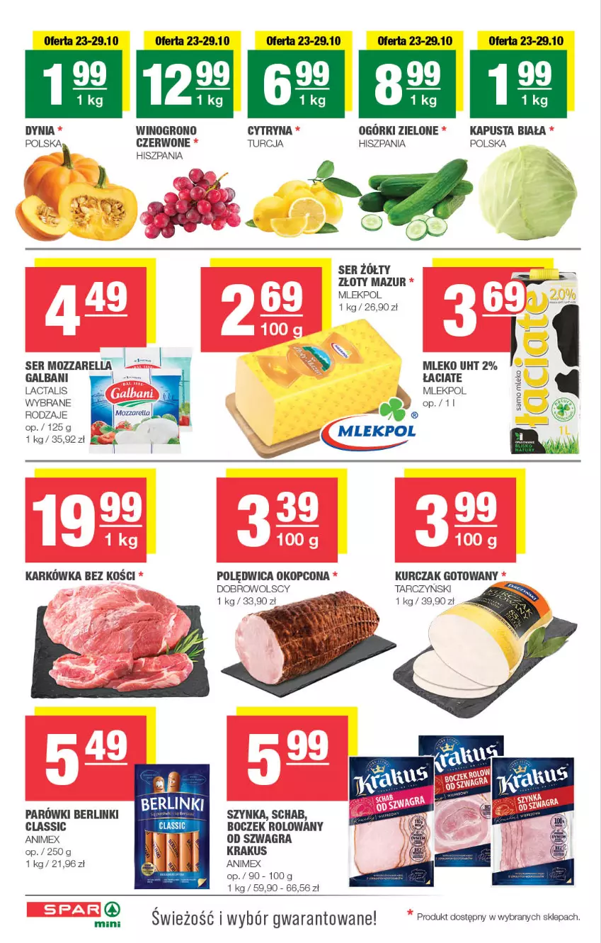 Gazetka promocyjna Spar - Spar-Mini - ważna 21.10 do 31.10.2024 - strona 2 - produkty: Berlinki, Boczek, Galbani, Gra, Krakus, Kurczak, Kurczak gotowany, Mleko, Mozzarella, Polędwica, Ser, Szynka, Wino, Złoty Mazur