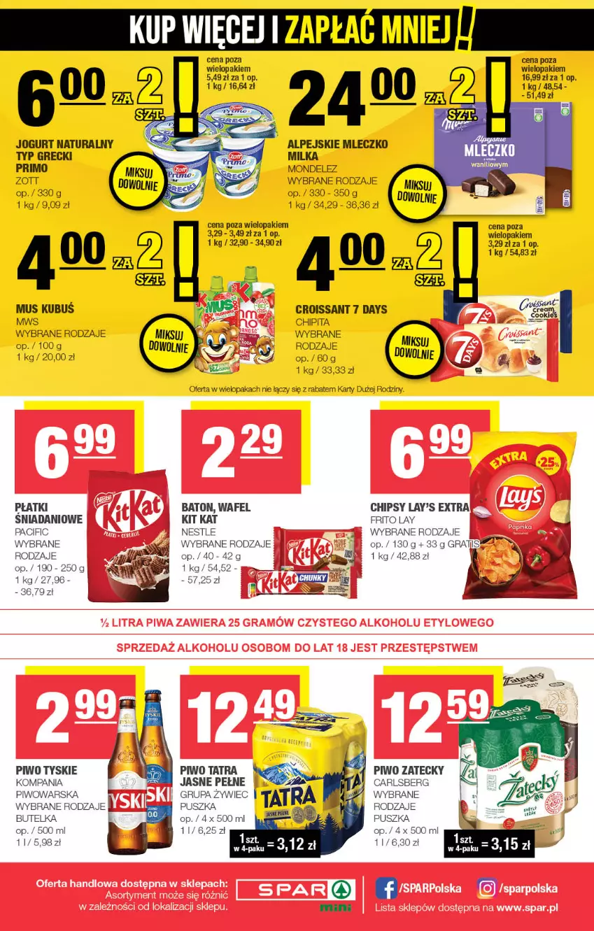 Gazetka promocyjna Spar - Spar-Mini - ważna 21.10 do 31.10.2024 - strona 4 - produkty: 7 Days, Baton, Carlsberg, Chipsy, Cif, Croissant, Danio, Gra, Jogurt, Jogurt naturalny, Kit Kat, Kubuś, Milka, Mleczko, Mus, Piwo, Tatra, Tyskie, Zott