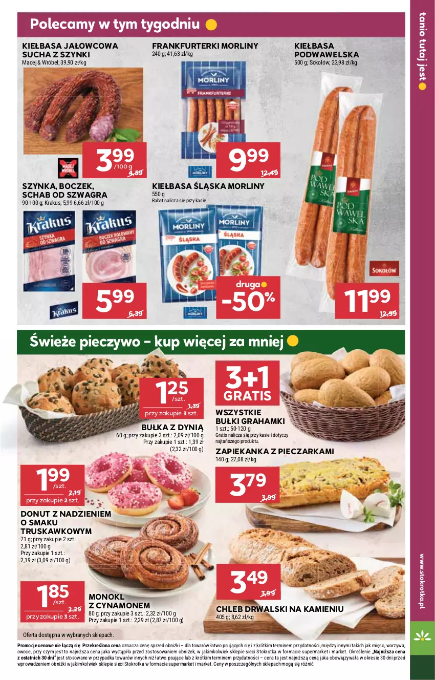 Gazetka promocyjna Stokrotka - Supermarket - ważna 09.10 do 15.10.2025 - strona 13 - produkty: Boczek, Bułka, Chleb, Donut, Dynią, Frankfurterki, Gra, Kiełbasa, Kiełbasa podwawelska, Kiełbasa śląska, Krakus, Mięso, Morliny, Owoce, Piec, Pieczarka, Pieczywo, Sok, Sokołów, Szynka, Warzywa, Wawel, Zapiekanka