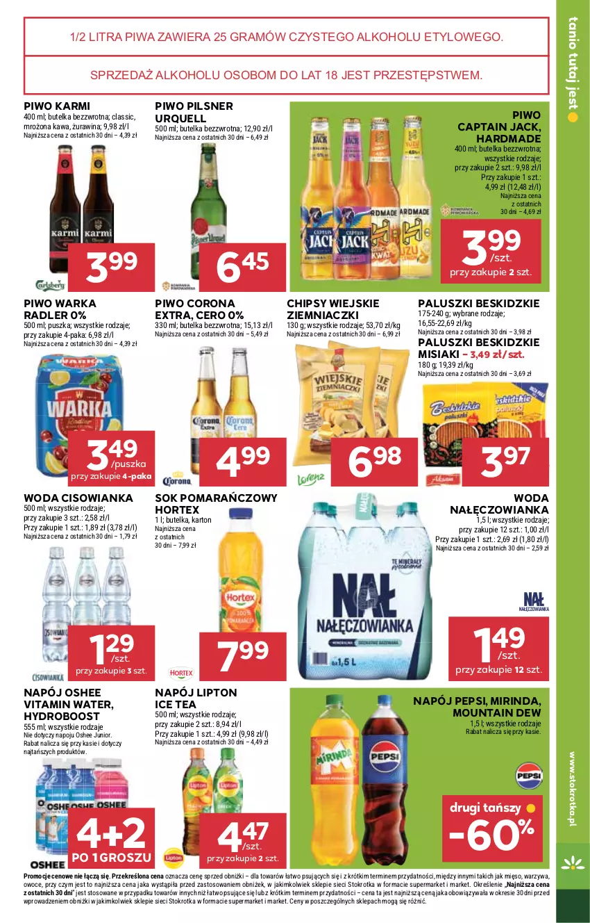 Gazetka promocyjna Stokrotka - Supermarket - ważna 09.10 do 15.10.2025 - strona 33 - produkty: Beskidzki, Captain Jack, Chipsy, Cisowianka, Corona Extra, Gra, Hortex, Ice tea, Karmi, Kawa, Lipton, Mięso, Mirinda, Nałęczowianka, Napój, Oshee, Owoce, Pepsi, Pilsner Urquell, Piwa, Piwo, Radler, Sok, Sok pomarańczowy, Warka, Warzywa, Woda