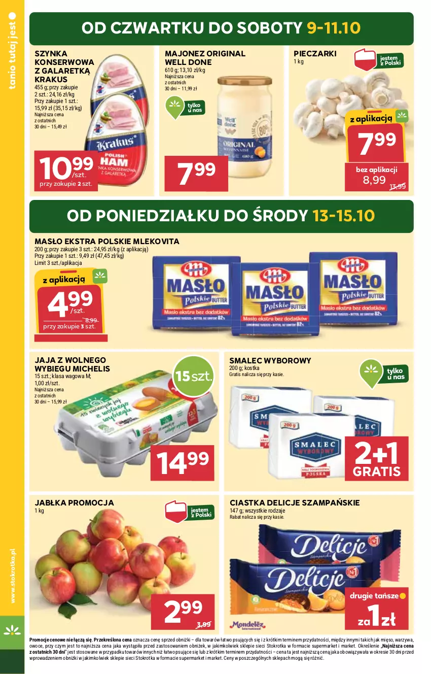 Gazetka promocyjna Stokrotka - Supermarket - ważna 09.10 do 15.10.2025 - strona 4 - produkty: Ciastka, Delicje, Gala, Gin, Gra, Jabłka, Jaja, Jaja z wolnego wybiegu, Krakus, Majonez, Masło, Mięso, Mleko, Mlekovita, Owoce, Piec, Ser, Smalec, Szynka, Szynka konserwowa, Warzywa