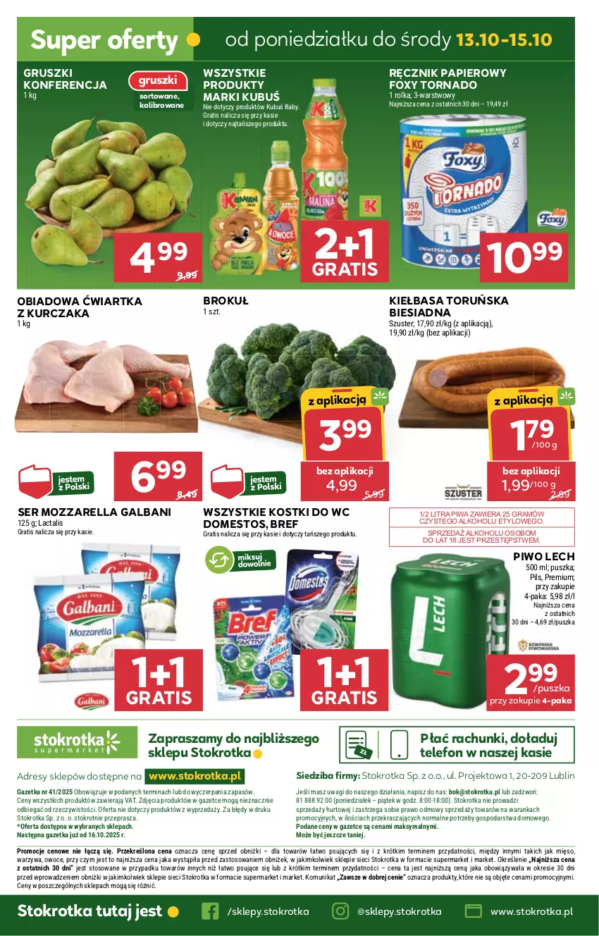 Gazetka promocyjna Stokrotka - Supermarket - ważna 09.10 do 15.10.2025 - strona 48 - produkty: Bref, Domestos, Dres, Foxy, Galbani, Gra, Gruszki, JBL, Kiełbasa, Kubuś, Kurczak, Mięso, Mozzarella, O nas, Owoce, Papier, Piwa, Piwo, Ręcznik, Ser, Telefon, Wagi, Warzywa
