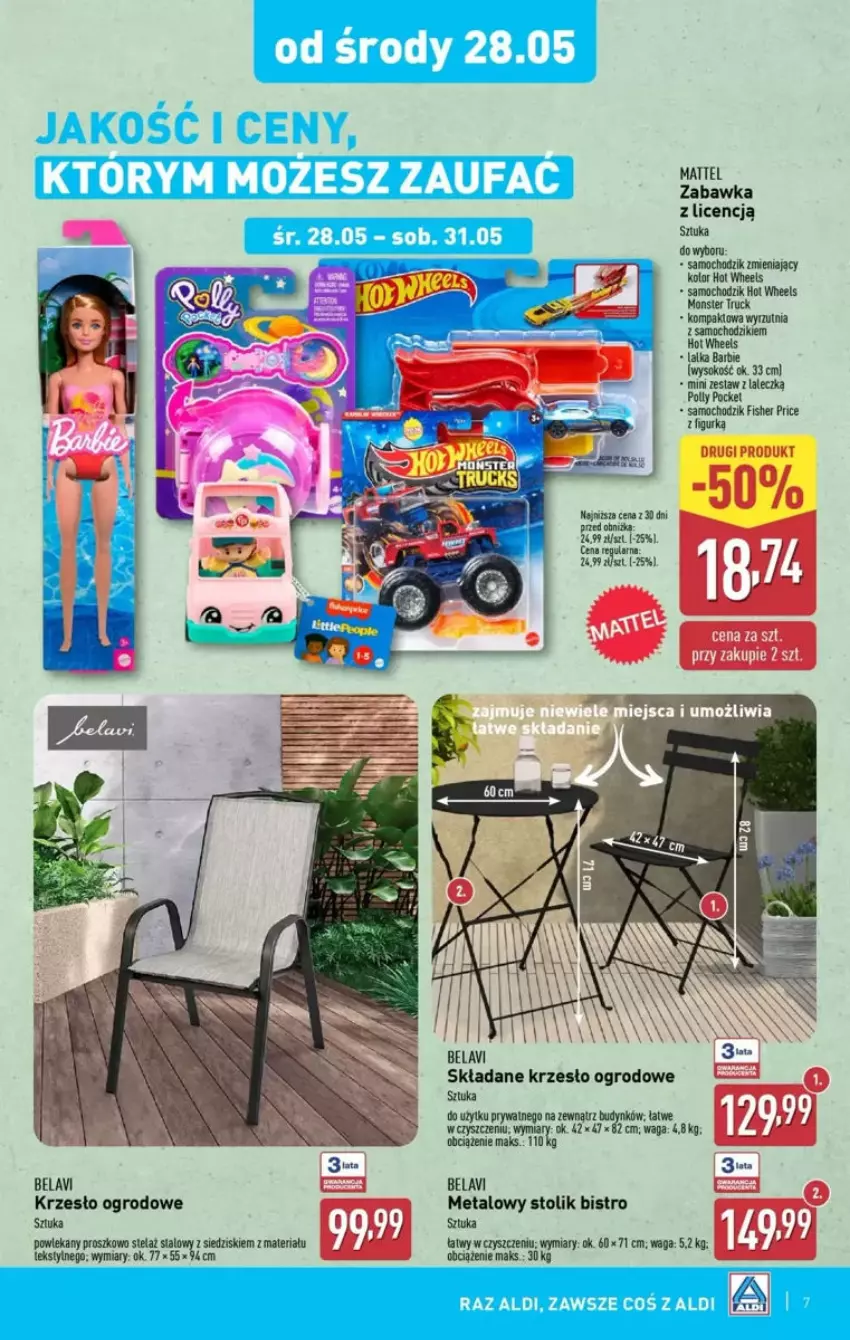 Gazetka promocyjna Aldi - ważna 28.05 do 07.06.2025 - strona 26 - produkty: Barbie, Chodzik, Fa, Hot Wheels, Krzesło, Krzesło ogrodowe, LG, Mattel, Sok, Stolik, Waga, Wyrzutnia, Zabawka