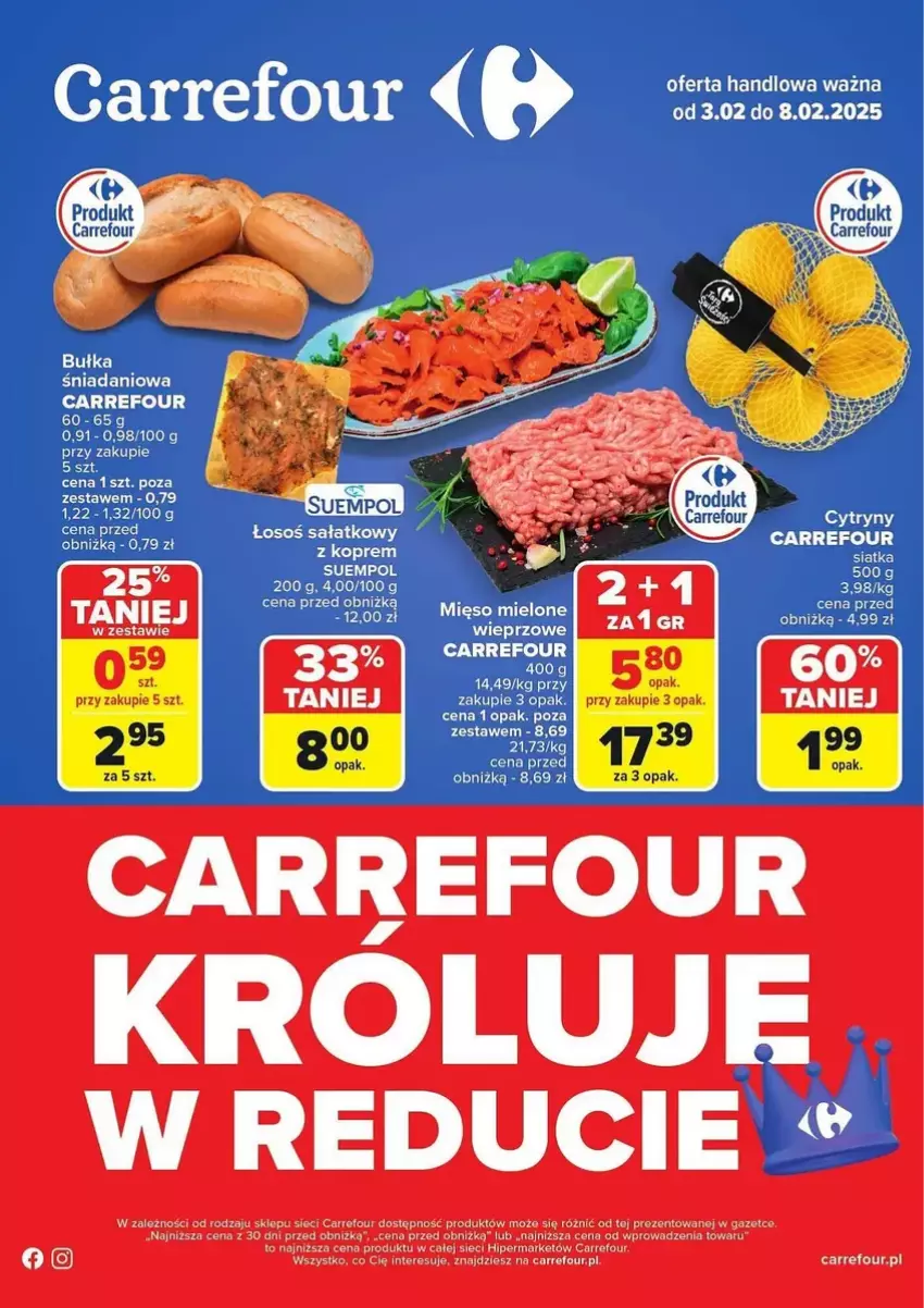 Gazetka promocyjna Carrefour - ważna 03.02 do 08.02.2025 - strona 1 - produkty: Bułka, Danio, Fa, Mięso, Mięso mielone, Sałat, Siatka