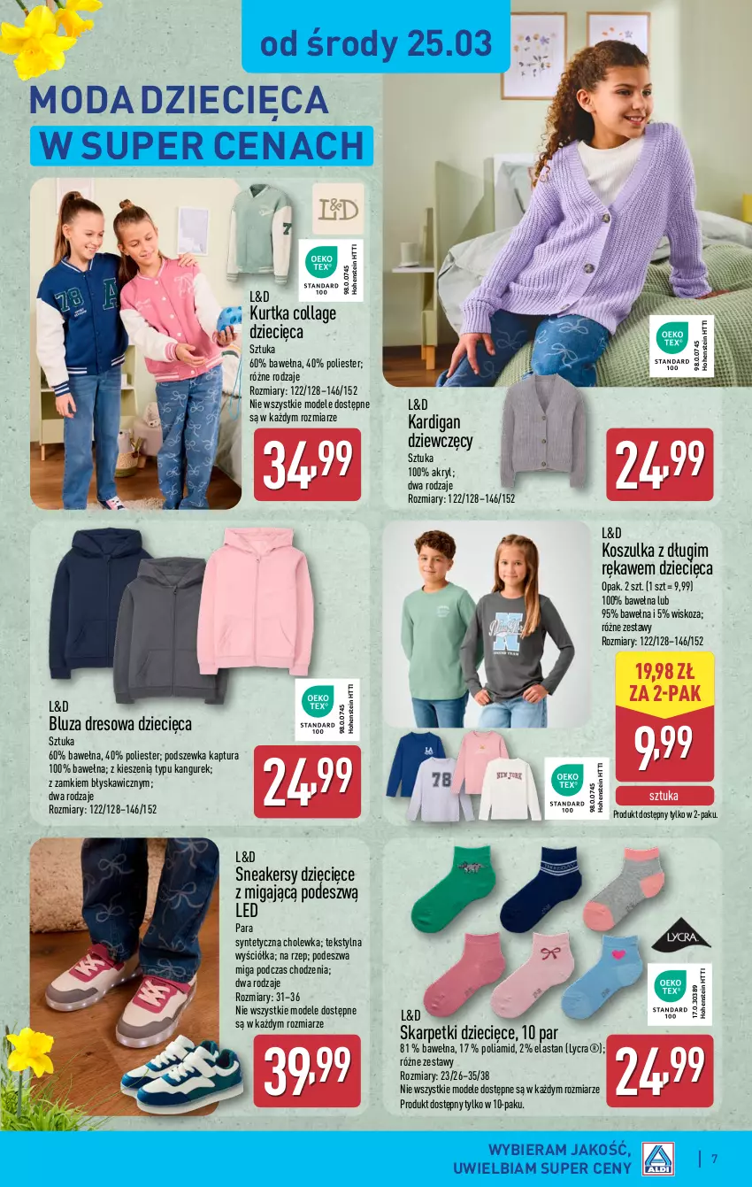 Gazetka promocyjna Aldi - Artykuły przemysłowe i tekstylia - ważna 25.03 do 28.03.2026 - strona 7 - produkty: Bluza, Bluza dresowa, Dres, Dzieci, Kardigan, Karp, Kosz, Koszulka, Kurtka, Moda, Skarpetki, Sneakersy, Wełna