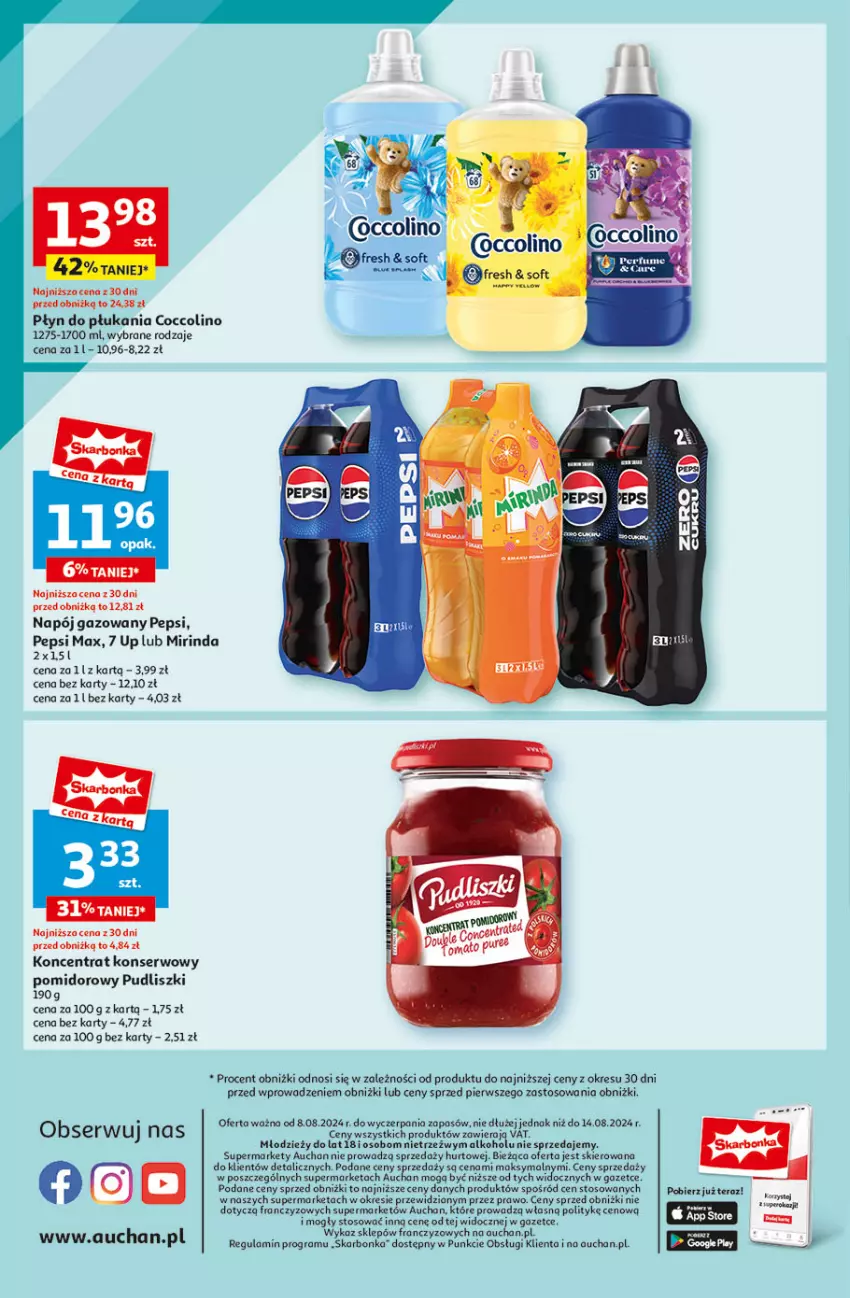 Gazetka promocyjna Auchan - Moje Auchan - ważna 08.08 do 14.08.2024 - strona 10 - produkty: Coccolino, Gra, Mirinda, Napój, Napój gazowany, Pepsi, Pepsi max, Płyn do płukania, Pudliszki, Ser, Tera