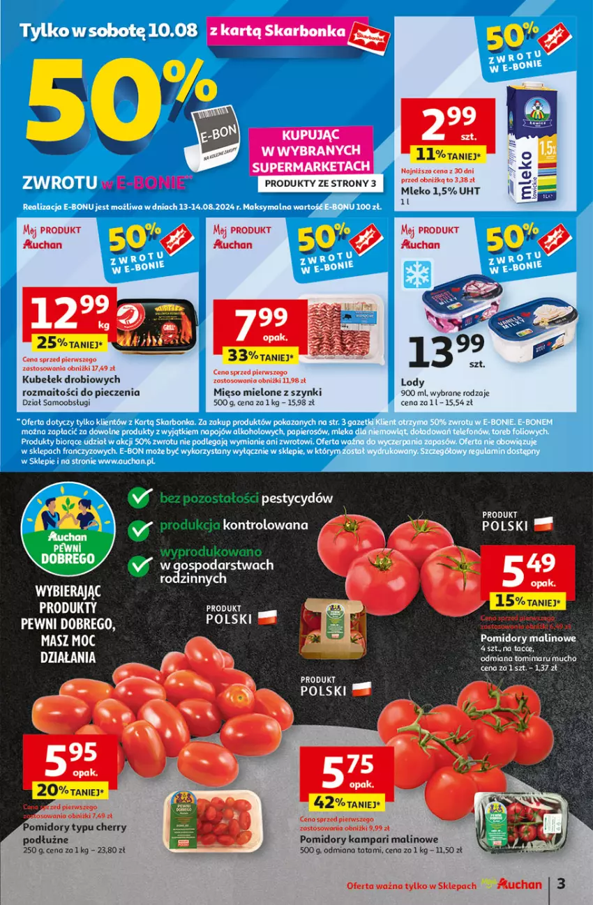 Gazetka promocyjna Auchan - Moje Auchan - ważna 08.08 do 14.08.2024 - strona 3 - produkty: Lody, Mleko, Piec, Pomidory