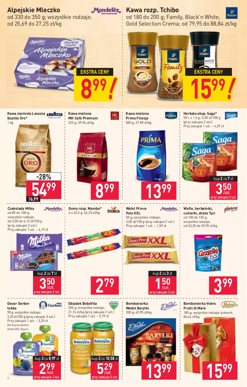 Gazetka promocyjna Stokrotka - Market - ważna 21.01 do 27.01.2021 - strona 8 - produkty: Baryłki, BoboVita, Cukier, Cukierki, Czekolada, Deser, Fa, Gerber, Herbata, Herbatniki, Kawa, Kawa mielona, Kawa ziarnista, Lack, Lavazza, Mamba, Milka, Mleczko, Prima, Prince Polo, Saga, Ser, Tchibo, Wafle