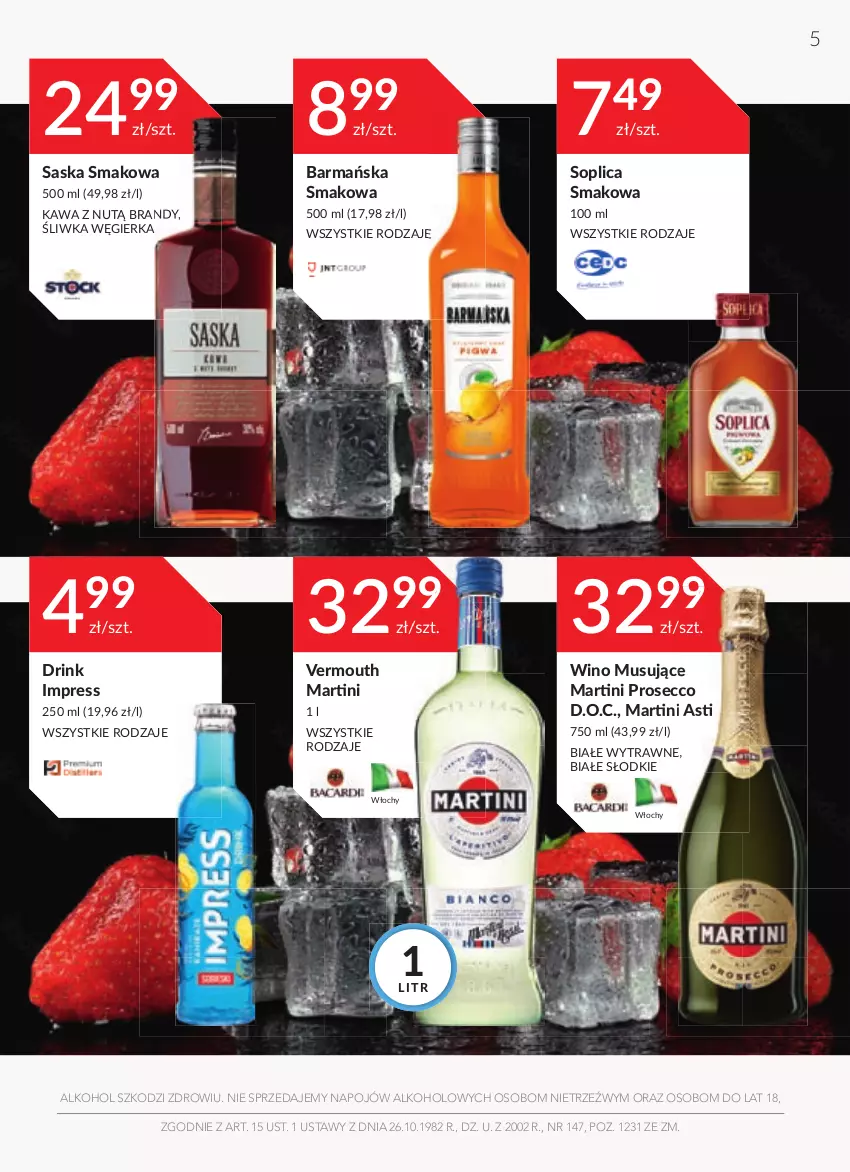 Gazetka promocyjna Stokrotka - Oferta alkoholowa - ważna 26.05 do 22.06.2022 - strona 5 - produkty: Brandy, Kawa, Martini, Mus, Prosecco, Saska, Soplica, Vermouth, Wino, Wino musujące