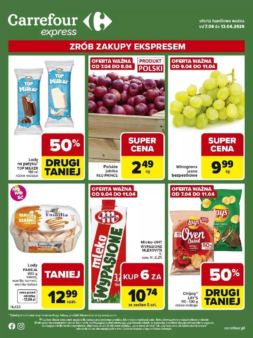 Gazetka promocyjna Carrefour - Gazetka Express - ważna 07.04 do 13.04.2026 - strona 1 - produkty: Fa, Jabłka, Kakao, Lody, Mleko, Top, Wino, Winogrona