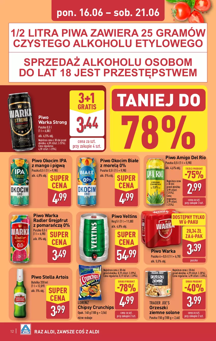 Gazetka promocyjna Aldi - Oferta weekendowa - ważna 18.06 do 21.06.2025 - strona 12 - produkty: Chipsy, Crunchips, Gra, Grejpfrut, Koc, Lorenz, Mango, Okocim, Orzeszki, Orzeszki ziemne, Piwa, Piwo, Radler, Warka