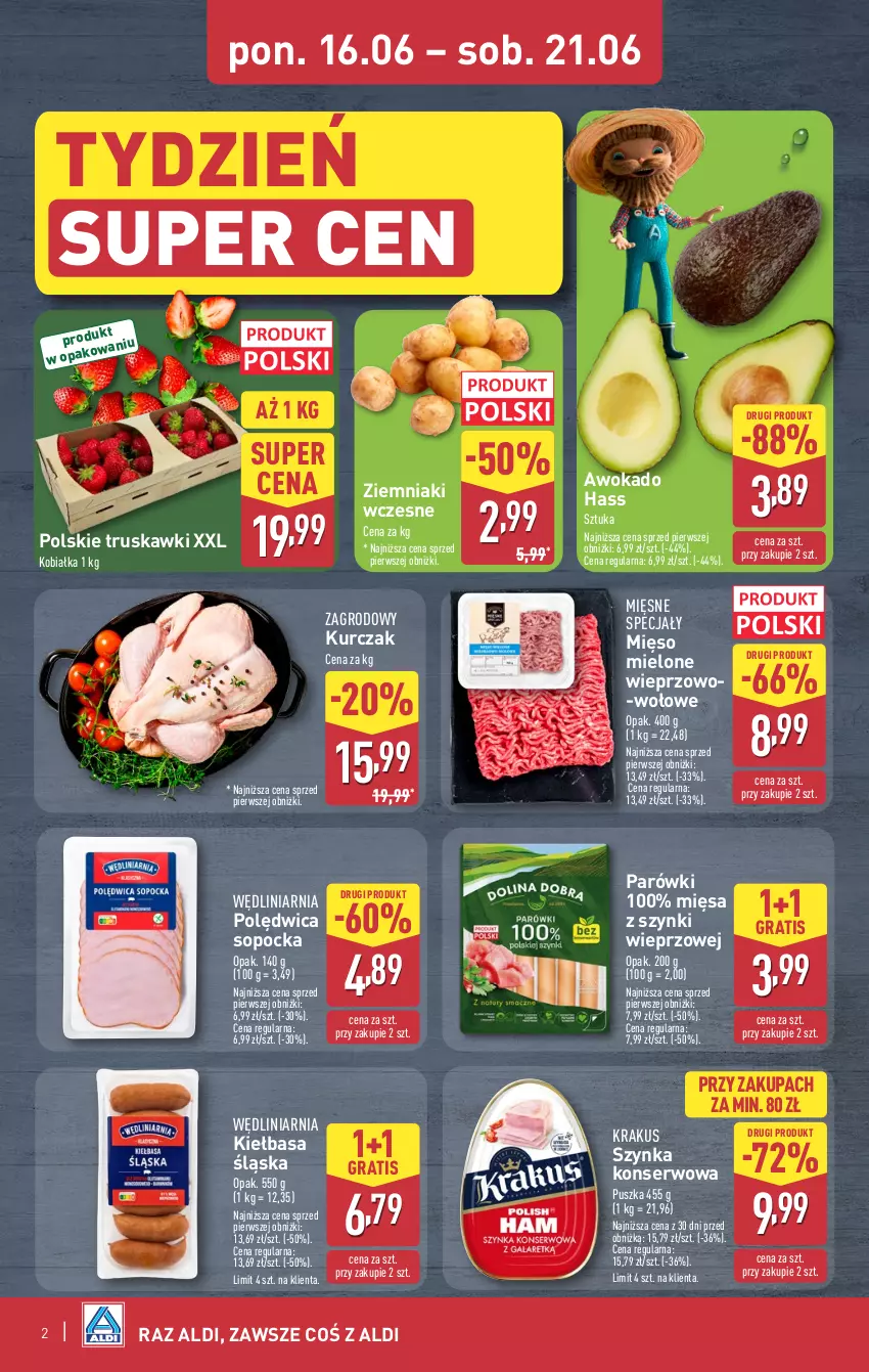 Gazetka promocyjna Aldi - Oferta weekendowa - ważna 18.06 do 21.06.2025 - strona 2 - produkty: Gra, Kiełbasa, Kiełbasa śląska, Krakus, Kurczak, Mięsne specjały, Mięso, Mięso mielone, Parówki, Polędwica, Ser, Szynka, Szynka konserwowa, Truskawki, Ziemniaki