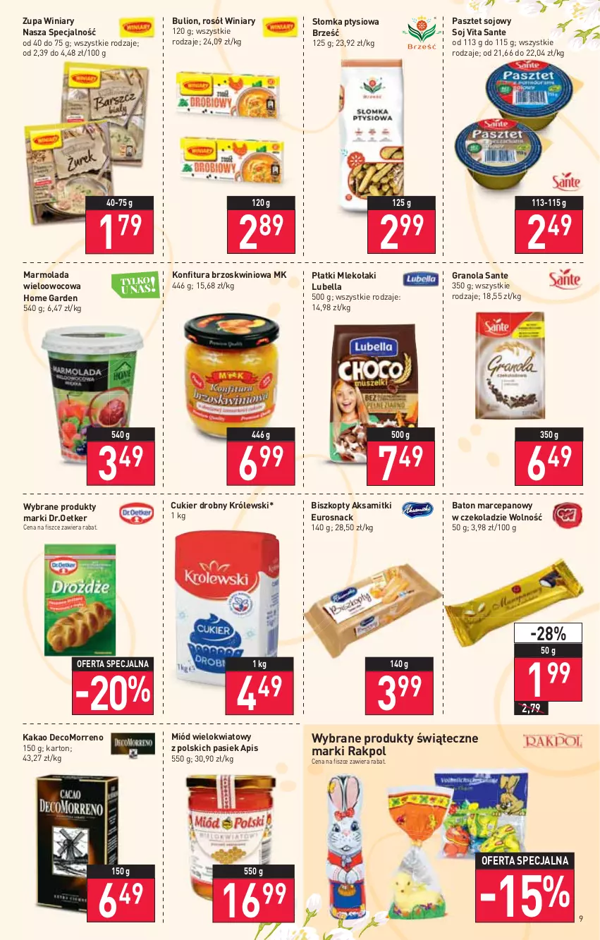 Gazetka promocyjna Stokrotka - Market - ważna 14.04 do 20.04.2022 - strona 9 - produkty: Aksam, Baton, Baton marcepanowy, Bell, Bella, Biszkopty, Bulion, Cukier, Gra, Granola, Kakao, Konfitura, Królewski, Lion, Lubella, Marmolada, Miód, Mleko, Mola, Pasztet, Rosół, Sante, Winiary, Zupa