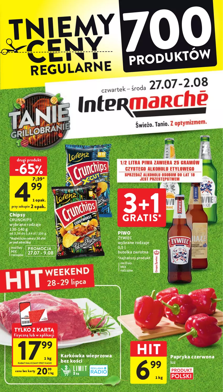 Gazetka promocyjna Intermarche - Gazetka Intermarche - ważna 27.07 do 02.08.2023 - strona 1 - produkty: Chipsy, Crunchips, Gra, Karkówka wieprzowa, Papryka, Papryka czerwona, Piwo