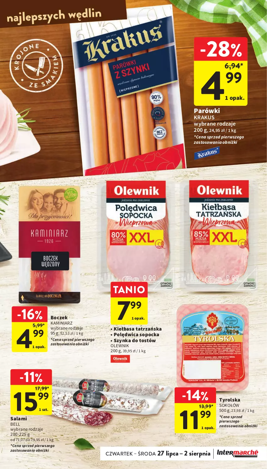 Gazetka promocyjna Intermarche - Gazetka Intermarche - ważna 27.07 do 02.08.2023 - strona 19 - produkty: Bell, Boczek, Kiełbasa, Krakus, Olewnik, Parówki, Polędwica, Salami, Sok, Sokołów, Szynka