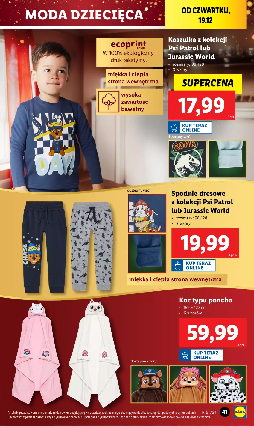 Gazetka promocyjna Lidl - GAZETKA - ważna 16.12 do 22.12.2024 - strona 45 - produkty: Dres, Dzieci, Jurassic World, Koc, Kosz, Koszulka, Moda, Psi Patrol, Sok, Spodnie, Spodnie dresowe