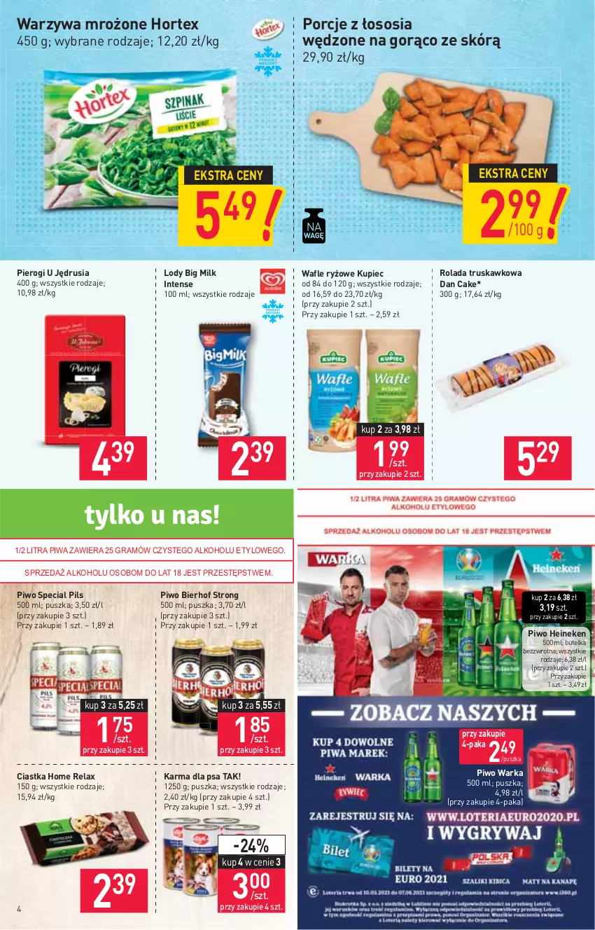 Gazetka promocyjna Stokrotka - Market - ważna 20.05 do 26.05.2021 - strona 4 - produkty: Big Milk, Ciastka, Dan Cake, Gra, Heineken, Hortex, Kupiec, Lody, Piec, Pierogi, Piwa, Piwo, Por, Rolada, Ryż, Sos, Wafle, Warka, Warzywa