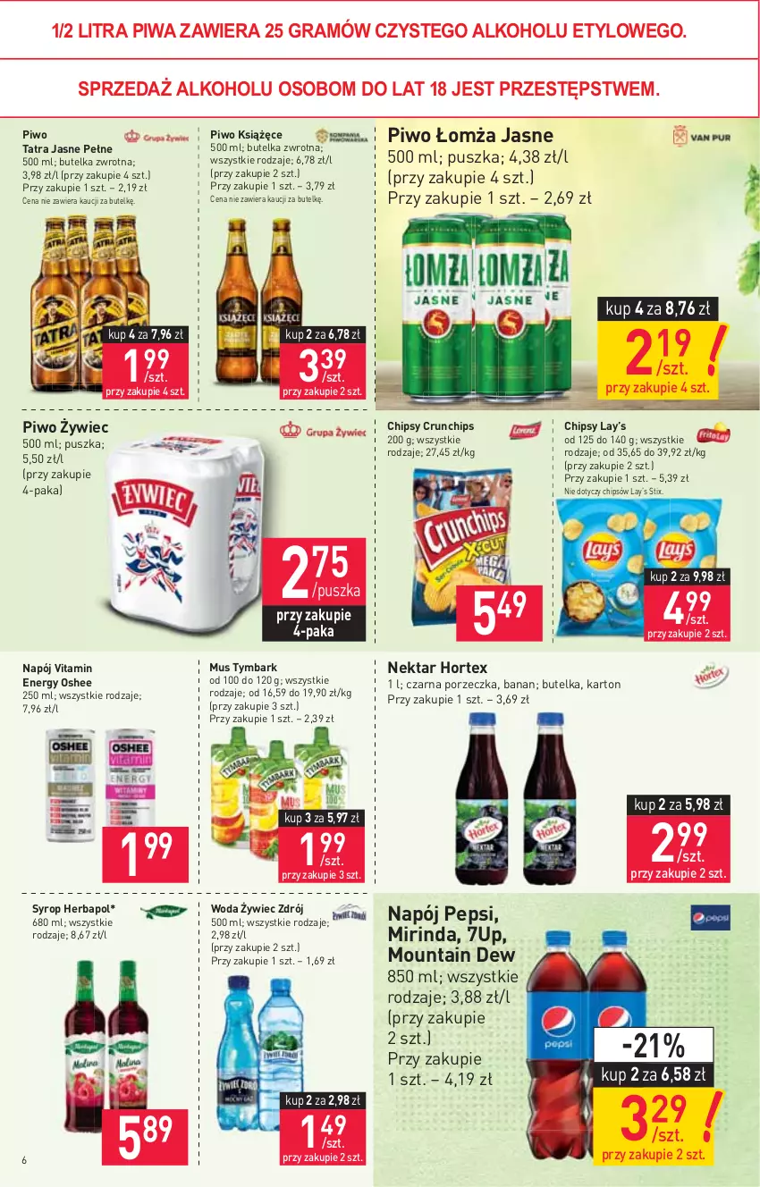 Gazetka promocyjna Stokrotka - Market - ważna 20.05 do 26.05.2021 - strona 6 - produkty: 7up, Chipsy, Crunchips, Gra, Herbapol, Hortex, Książęce, Lay’s, Mirinda, Mus, Napój, Nektar, Oshee, Pepsi, Piwa, Piwo, Por, Syrop, Tatra, Tymbark, Woda