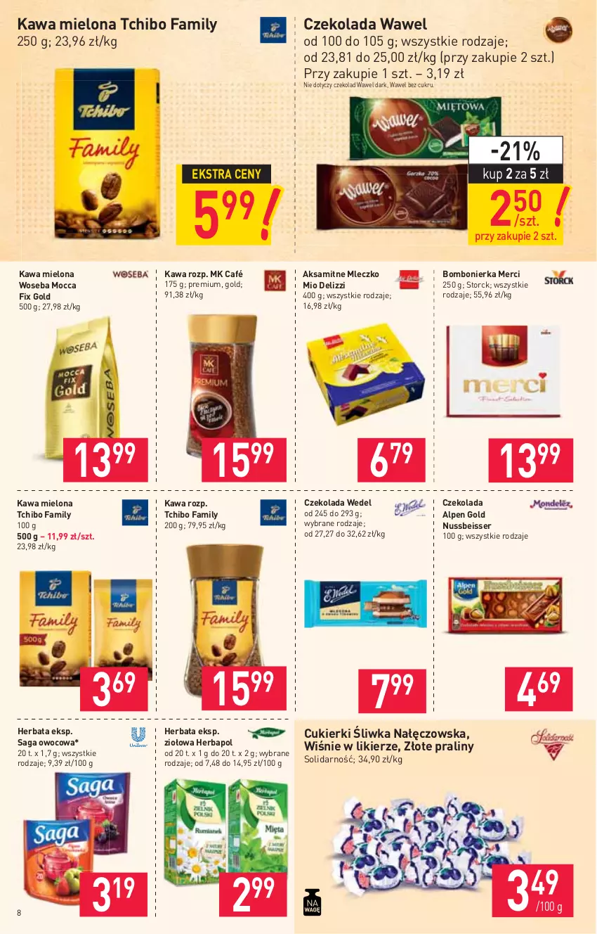 Gazetka promocyjna Stokrotka - Market - ważna 20.05 do 26.05.2021 - strona 8 - produkty: Aksam, Cukier, Cukierki, Czekolada, Fa, Herbapol, Herbata, Kawa, Kawa mielona, Likier, Merci, Mleczko, Mocca Fix Gold, Praliny, Saga, Ser, Tchibo, Tchibo Family, Wawel, Woseba