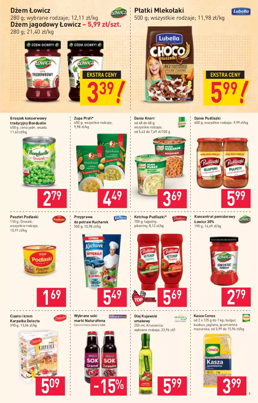 Gazetka promocyjna Stokrotka - Market - ważna 20.05 do 26.05.2021 - strona 9 - produkty: Bonduelle, Bulgur, Cenos, Delecta, Dżem, Groszek, Karp, Kasza, Ketchup, Knorr, Koncentrat pomidorowy, Kucharek, Kujawski, Kuskus, LANA, LG, Mleko, Olej, Pasztet, Podlaski, Przyprawa do potraw, Pudliszki, Ser, Sok, Zupa