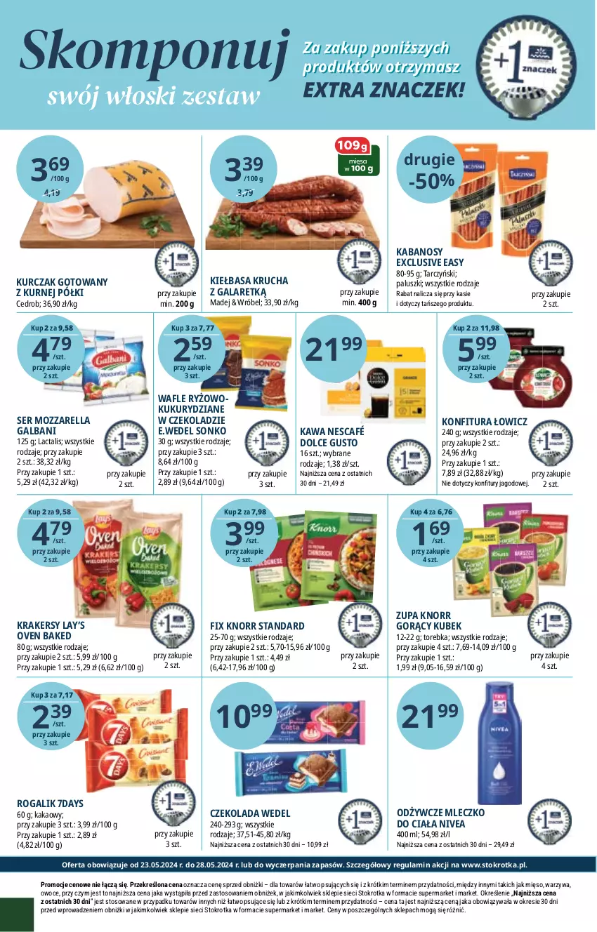 Gazetka promocyjna Stokrotka - Market - ważna 23.05 do 28.05.2024 - strona 17 - produkty: Czekolada, Dolce Gusto, Gala, Galbani, Kabanos, Kakao, Kawa, Kiełbasa, Kiełbasa krucha, Knorr, Konfitura, Krakersy, Kubek, Kurczak, Kurczak gotowany, Lay’s, Mięso, Mleczko, Mleczko do ciała, Mozzarella, Nescafé, Nivea, Owoce, Rogal, Ryż, Ser, Sonko, Tarczyński, Torebka, Wafle, Warzywa, Zupa