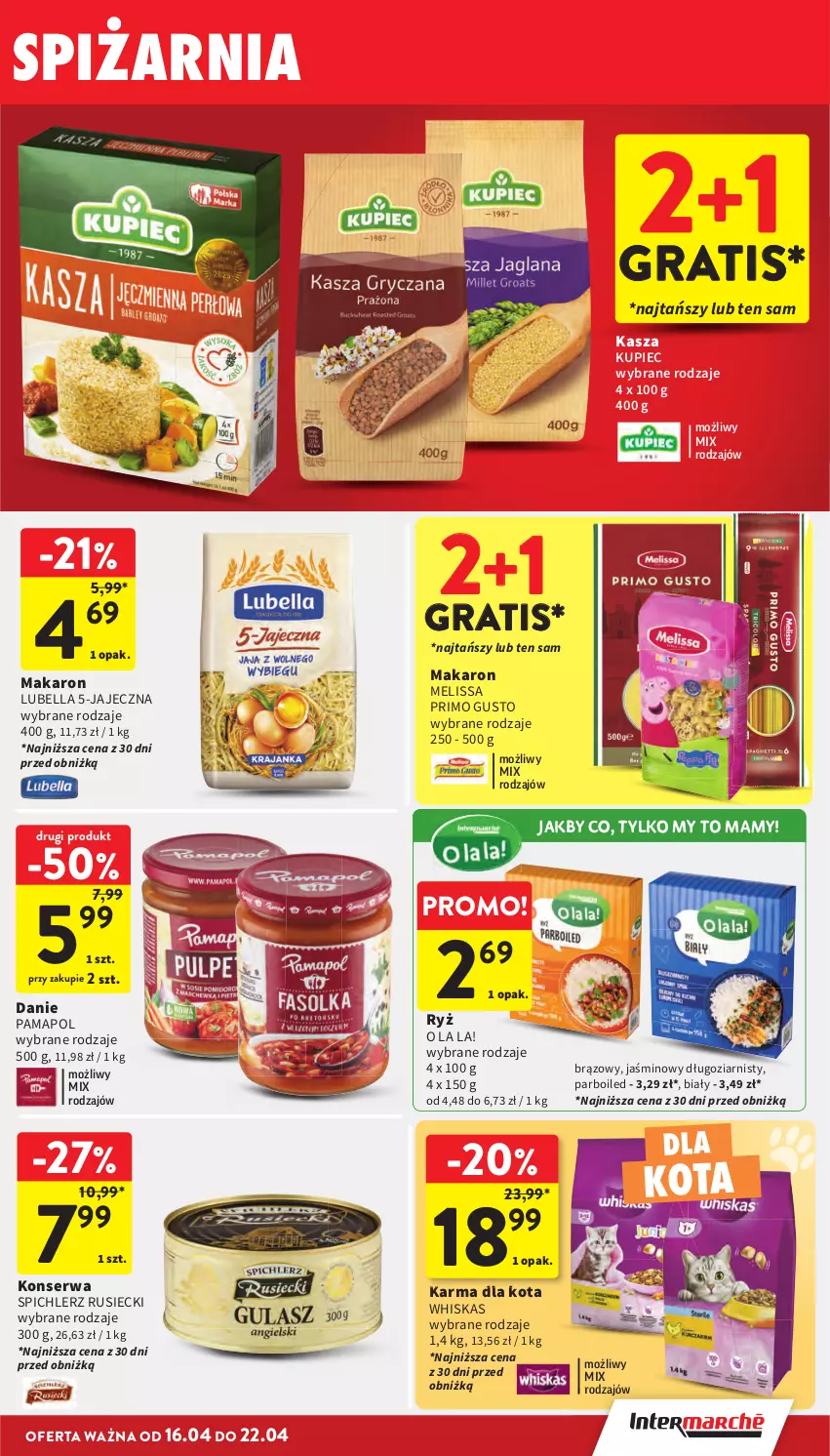 Gazetka promocyjna Intermarche - Gazetka promocyjna - ważna 16.04 do 22.04.2026 - strona 29 - produkty: Bell, Bella, Gra, Kasza, Kupiec, Lubella, Makaron, Piec, Ryż, Ser, Spichlerz Rusiecki, Whiskas