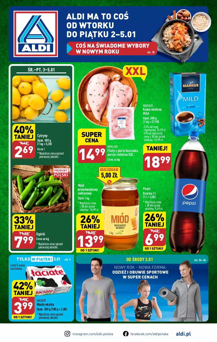 Gazetka promocyjna Aldi - Pełna oferta - ważna 02.01 do 05.01.2023 - strona 1 - produkty: Cytryny, Fa, Gra, Kawa, Kawa mielona, Kurczak, Masło, Miód, Morliny, Nektar, Obuwie, Pepsi, Por, Sport