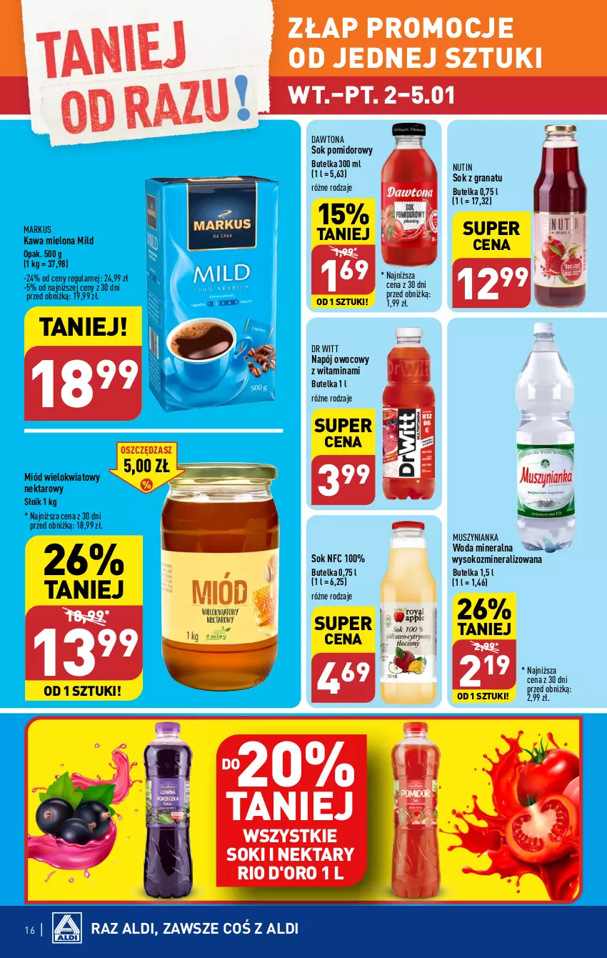 Gazetka promocyjna Aldi - Pełna oferta - ważna 02.01 do 05.01.2023 - strona 16 - produkty: Dawtona, Gra, Granat, Kawa, Kawa mielona, Miód, Mus, Muszynianka, Napój, Nektar, Sok, Sok pomidorowy, Woda, Woda mineralna