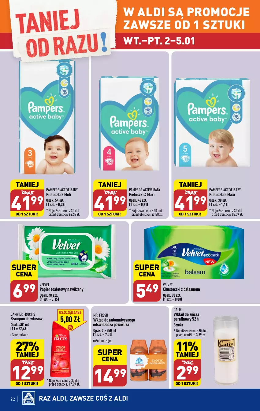 Gazetka promocyjna Aldi - Pełna oferta - ważna 02.01 do 05.01.2023 - strona 22 - produkty: Chusteczki, Fructis, Garnier, Pampers, Papier, Papier toaletowy, Szampon, Velvet, Znicz