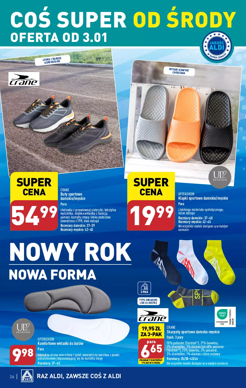 Gazetka promocyjna Aldi - Pełna oferta - ważna 02.01 do 05.01.2023 - strona 26 - produkty: Buty, Fa, Karp, Klapki, Por, Sok, Sport, Top, Wełna, Wkładki