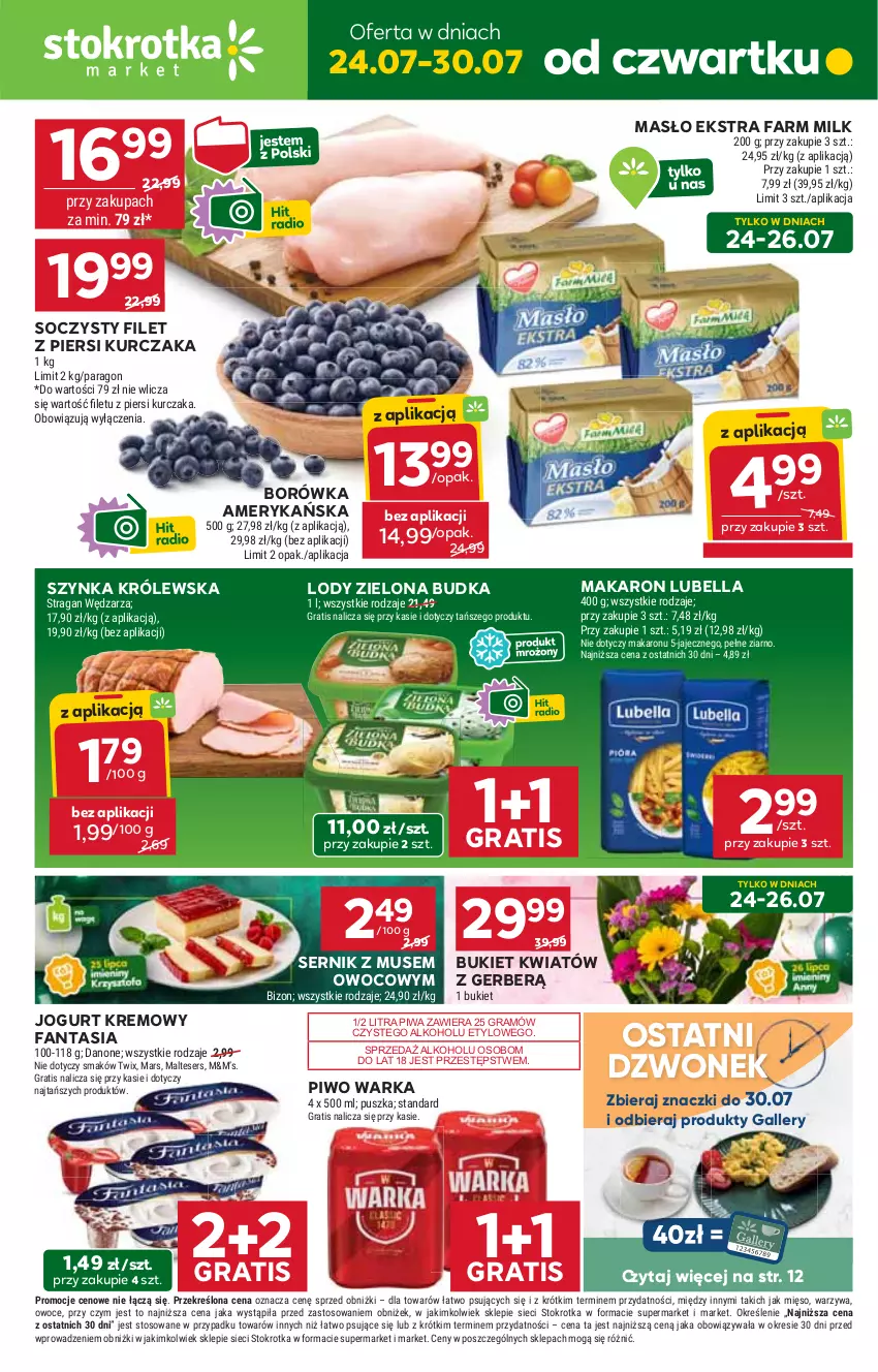 Gazetka promocyjna Stokrotka - Market - ważna 24.07 do 30.07.2025 - strona 1 - produkty: Bell, Bella, Borówka, Borówka amerykańska, Bukiet, Danone, Dzwonek, Fa, Fanta, Farm Milk, Filet z piersi kurczaka, Gerber, Gra, Jogurt, Kurczak, Lody, Lubella, Makaron, Mars, Masło, Mięso, Mus, Owoce, Piwa, Piwo, Ser, Szynka, Szynka Królewska, Twix, Warka, Warzywa, Zielona Budka