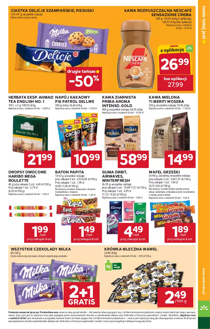 Gazetka promocyjna Stokrotka - Market - ważna 24.07 do 30.07.2025 - strona 15 - produkty: Baton, Ciastka, Czekolada, Delicje, Gra, Grześki, Haribo, Herbata, Jutrzenka, Kakao, Kawa, Kawa mielona, Kawa rozpuszczalna, Kawa ziarnista, Kokos, Mięso, Milka, Napój, Nescafé, Orbit, Owoce, Prima, Psi Patrol, Torba, Warzywa, Wawel, Woseba