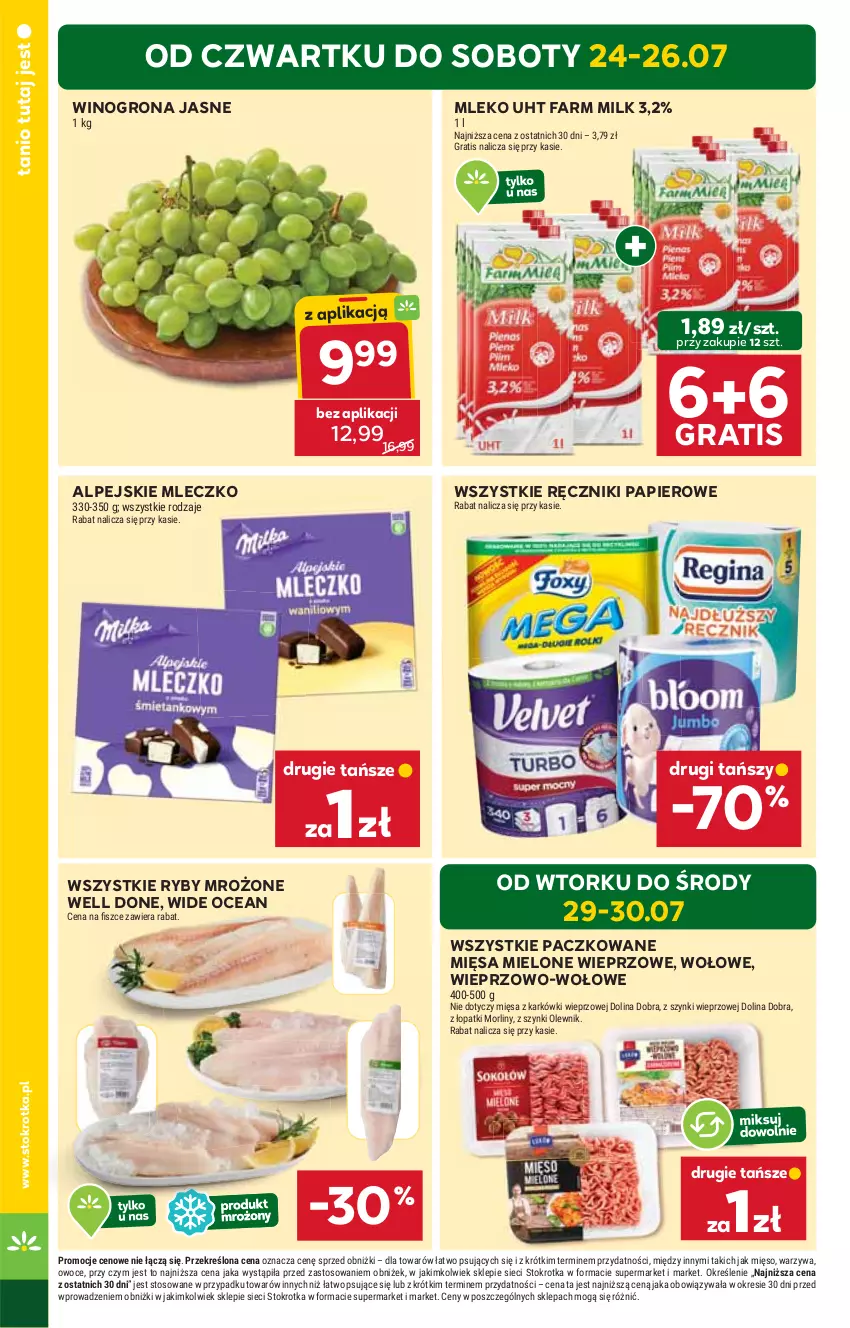 Gazetka promocyjna Stokrotka - Market - ważna 24.07 do 30.07.2025 - strona 2 - produkty: Fa, Farm Milk, Gra, Mięso, Mleczko, Mleko, Morliny, Olewnik, Owoce, Papier, Ręcznik, Ręczniki papierowe, Warzywa, Wino, Winogrona