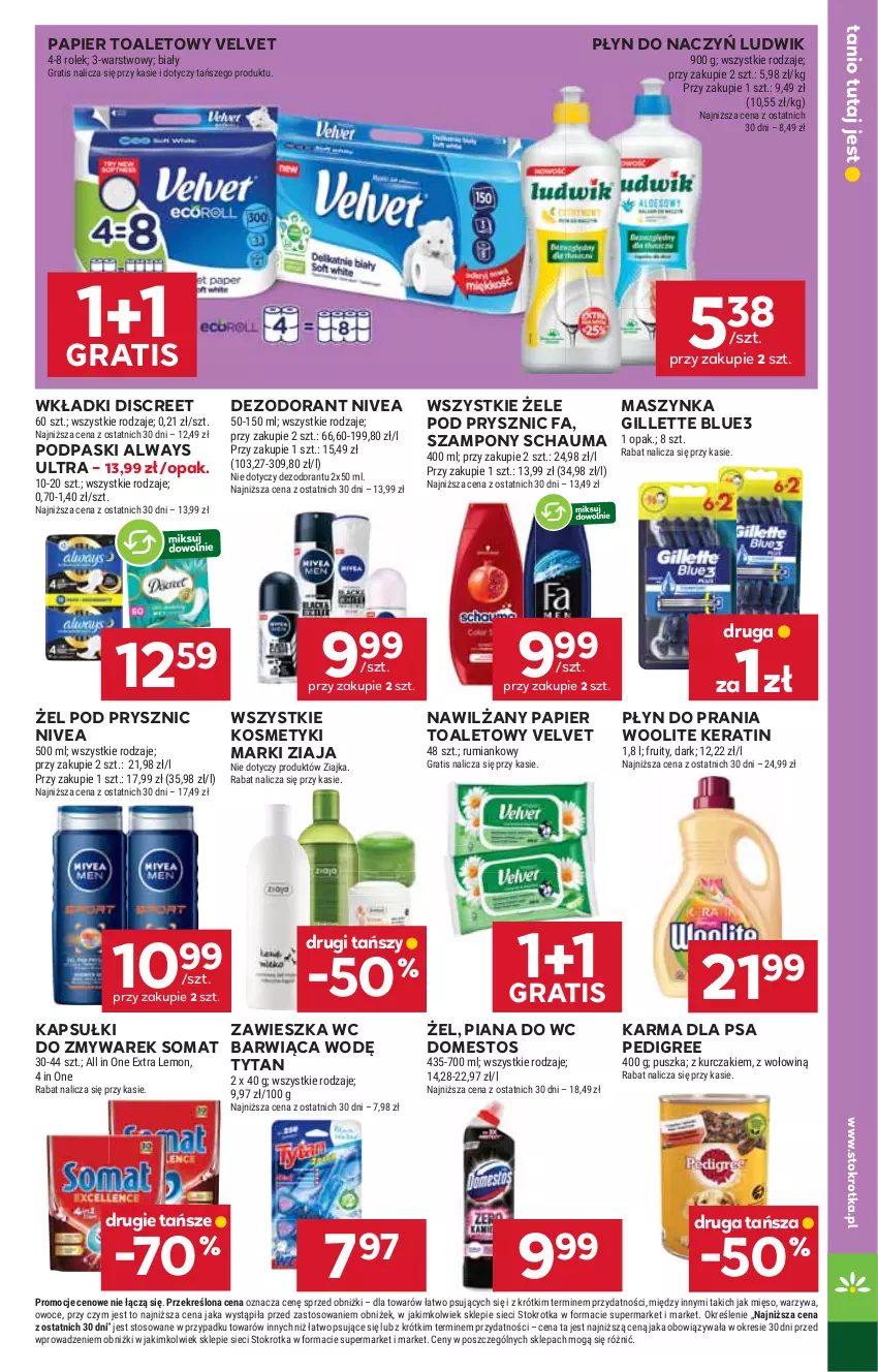 Gazetka promocyjna Stokrotka - Market - ważna 24.07 do 30.07.2025 - strona 23 - produkty: Always, Always Ultra, Dezodorant, Discreet, Domestos, Fa, Gillette, Gra, Kurczak, Ludwik, Maszynka, Mięso, Nawilżany papier, Nivea, Owoce, Papier, Papier toaletowy, Pedigree, Płyn do prania, Podpaski, Rum, Schauma, Somat, Szampon, Szynka, Tytan, Velvet, Warzywa, Wkładki, Woolite, Ziaja, Ziajka