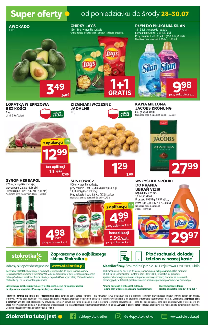 Gazetka promocyjna Stokrotka - Market - ważna 24.07 do 30.07.2025 - strona 24 - produkty: Chipsy, Dres, Gra, Herbapol, Jacobs, Jacobs Krönung, JBL, Kawa, Kawa mielona, Lay’s, Mięso, O nas, Owoce, Płyn do płukania, Ser, Silan, Sos, Syrop, Telefon, Vizir, Wagi, Warzywa, Ziemniaki