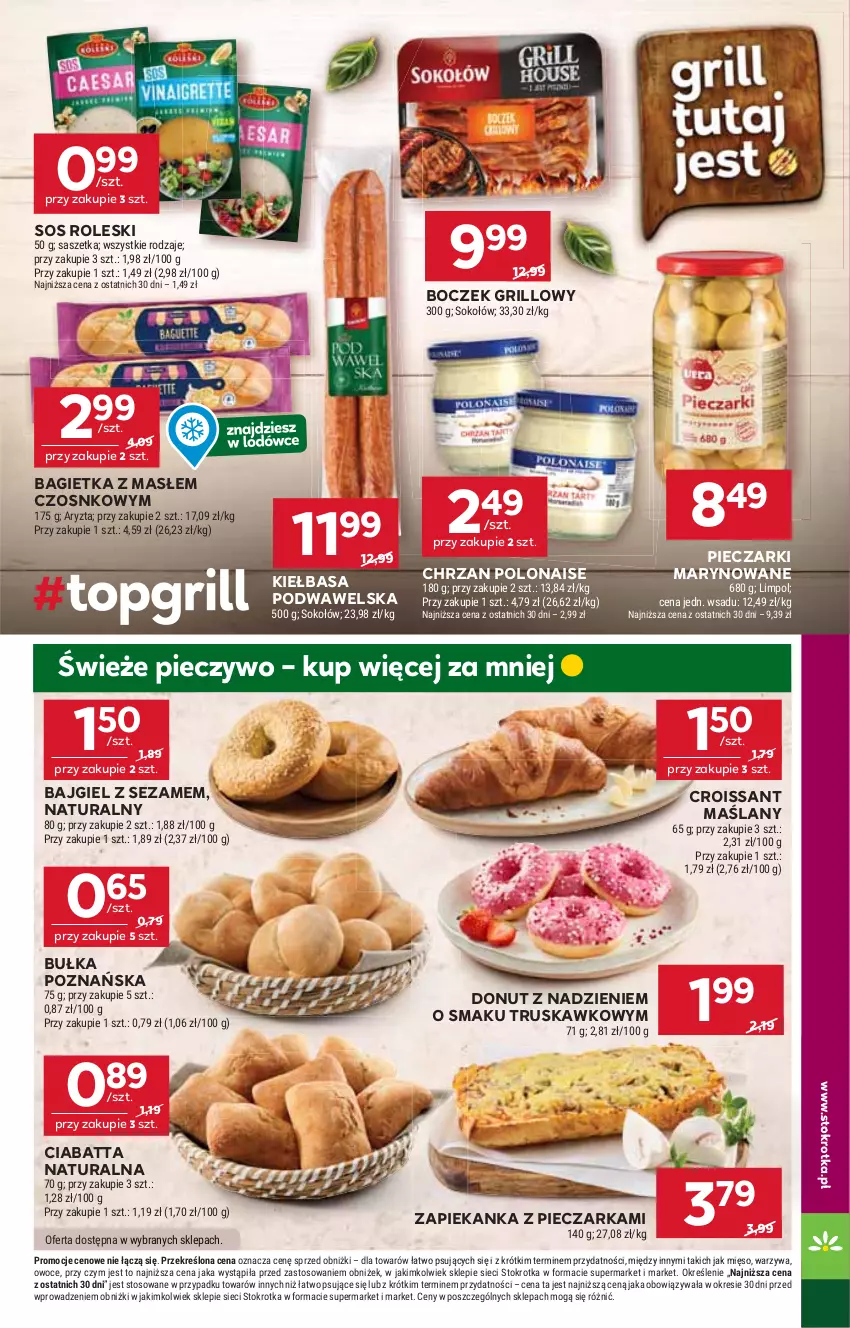 Gazetka promocyjna Stokrotka - Market - ważna 24.07 do 30.07.2025 - strona 5 - produkty: Bagietka, Boczek, Bułka, Chrzan, Ciabatta, Croissant, Donut, Grill, Kiełbasa, Kiełbasa podwawelska, Mięso, Owoce, Piec, Pieczarka, Pieczywo, Sezam, Sok, Sokołów, Sos, Warzywa, Wawel, Zapiekanka
