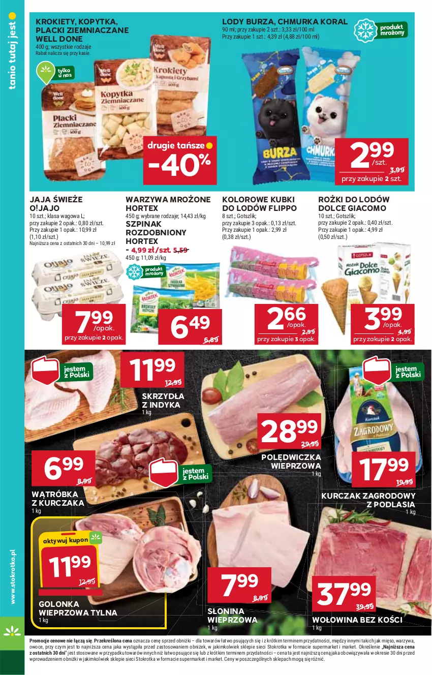 Gazetka promocyjna Stokrotka - Market - ważna 24.07 do 30.07.2025 - strona 8 - produkty: Golonka wieprzowa, Hortex, Jaja, Kopytka, Krokiety, Kurczak, Lack, Lody, Mięso, Owoce, Polędwiczka wieprzowa, Szpinak, Warzywa, Wołowina, Wołowina bez kości