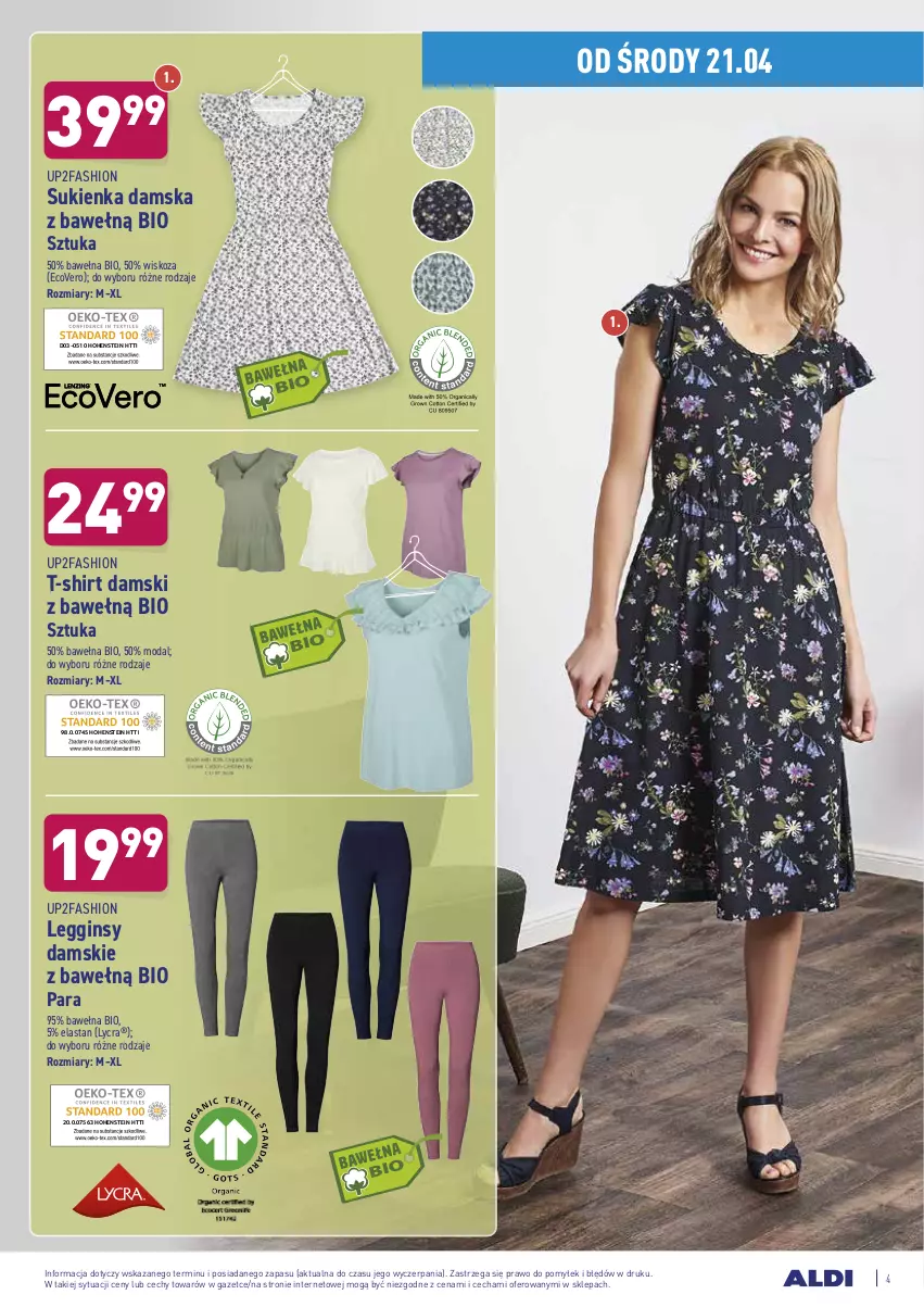 Gazetka promocyjna Aldi - Dobra Cena - ważna 21.04 do 24.04.2021 - strona 4 - produkty: Fa, Gin, Legginsy, Moda, Sukienka, T-shirt, Wełna