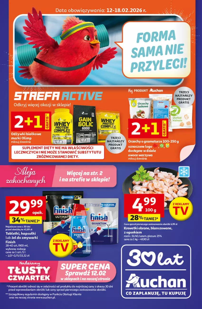 Gazetka promocyjna Auchan - 30 Lat Supermarket - ważna 12.02 do 18.02.2026 - strona 1 - produkty: Fa, Finish, Glazura, Gra, Krewetki, Lazur, Suplement diety, Tablet, Wella, Znicz